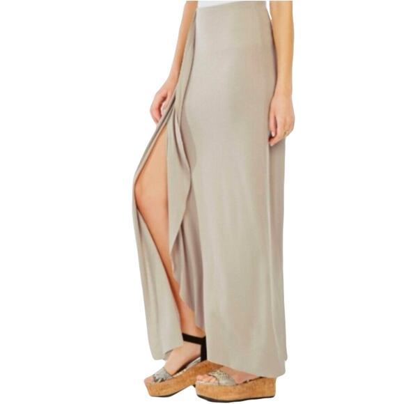 BCBGMAXAZRIA Skirt S Logan Tan Maxi Slit Side Curve Hem Ribbed Stretch Lyocell - Picture 1 of 9
